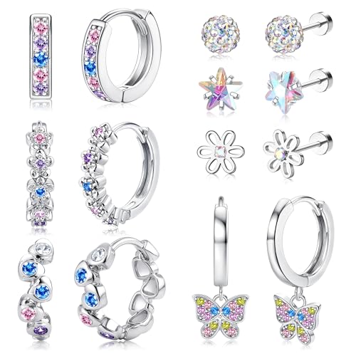 Diamday 7 Paar Hypoallergene Ohrringe für Mädchen Damen Chirurgenstahl Creolen Ohrringe Set Ohrstecker Kinder Ohrringe Mädchen Huggie Herz CZ Stern Blume Tragus Knorpel Piercing Rosa Mehrfarbig