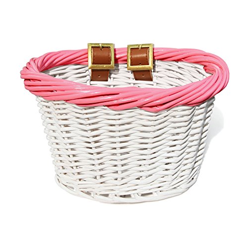 Colorbasket 01532 Fahrradkorb für Kinder aus Weidenkorb handgewebt verstellbare Lederriemen weiß mit rosa Rand