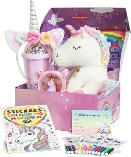 Einhorn Geschenke für Mädchen 3 4 5 6 7 8 Jahren Einhorn Kuscheltier Einhorn Wasserbecher Halskette Haarreif Malbuch Einhorn Spielzeug Geschenk für Kinder Mädchen 3 8 Jahren