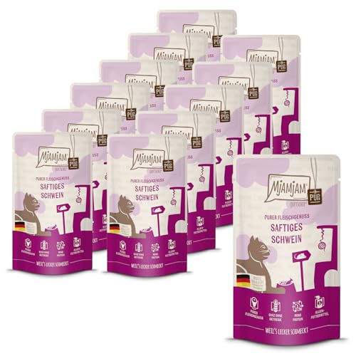 MjAMjAM - Premium Nassfutter für Katzen - Quetschie - saftiges Schwein PUR 12er Pack 12 x 125g getreidefrei mit extra viel Fleisch