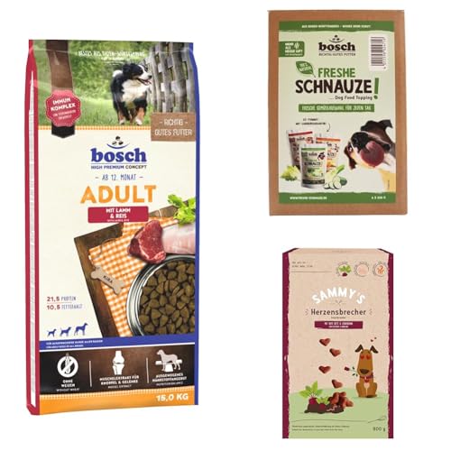 Bosch Hundefutter Bundle Trockenfutter Adult mit Lamm Reis 15 kg Sammy s Herzensbrecher Snack für Hunde 800 g Mixpaket Freshe Schnauze Gemüse-Topping für Hunde 6 x 200 g Paket für Hunde