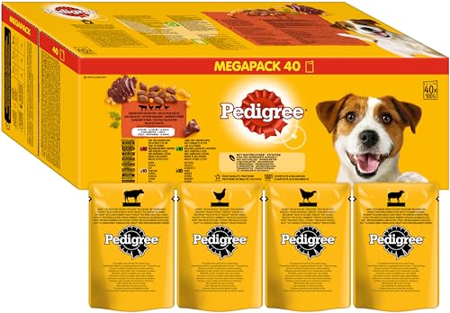 Pedigree Adult Hundenassfutter Gemischte Selektion 40 Portionsbeutel 40x100g Hundefutter nass in Gelee mit Rind Huhn Lamm Geflügel