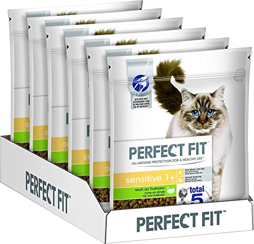 Perfect Fit Sensitive 1 Trockenfutter für erwachsene sensible Katzen ab 1 Jahr Reich an Truthahn Ohne Weizen und Soja Unterstützt die Verdauung 6 x 750 g