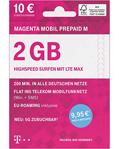 Telekom MagentaMobil M Vertragsbindung I inkl. 2 GB Flat Min SMS ins Telekom Mobilfunknetz mit EU Roaming I Surfen mit LTE Max HotSpot Flat I 10EUR