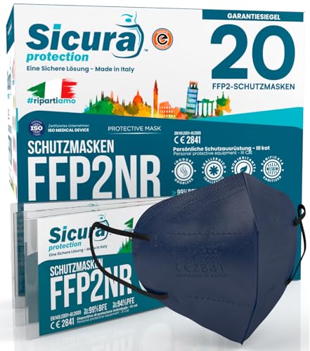 20 FFP2 Masken CE zertifiziert BLAU mit schwarzen Gummibändern SICURA Logo geprägt BFE 99% Made in Italy SANITIZED und einzeln versiegelt FFP2