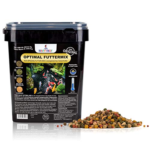 HAPPYKOI Optimal Mix - Spezial Koi Fisch Futter Futtermix ausgewogen für Wachstum Farbe mit Spirulina Gammarus - 10 3 Liter Pellet 3 bis 6 mm