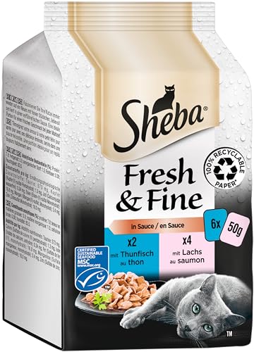 Sheba Fresh Fine in Sauce - Hochwertiges Katzen Nassfutter - Lachs und Thunfisch MSC - Für die tägliche Abwechslung im extra kleinen Portionsbeutel - 36 x 50g