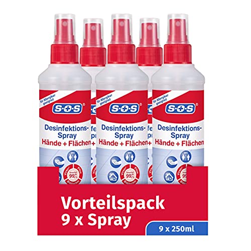 SOS Desinfektions-Spray 9 x 250 ml Sprühflasche Handdesinfektion gegen 99 99% der Bakterien Pilze und Viren geeignet zur Desinfektion von Flächen und Gegenständen