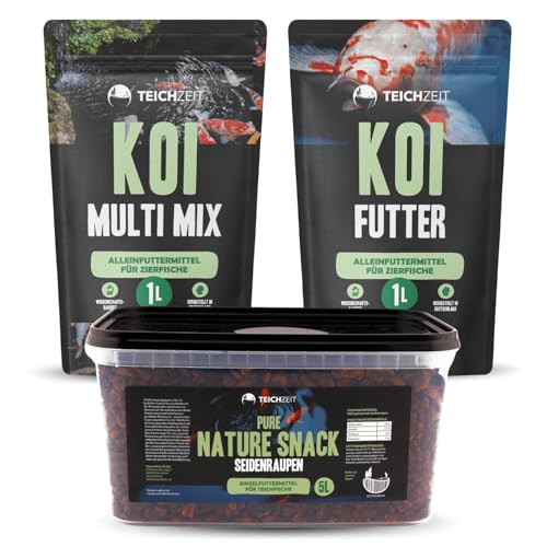 Koi Fisch Sorglospaket Fischfutter Set für optimales Wachstum und strahlende Farben für Koi 1x Teichzeit Koi Futter 1x Teichzeit Koi Multi Mix 1x Pure Nature Snacks Seidenraupen