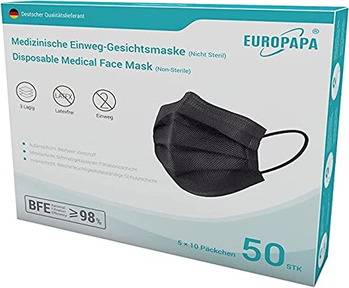 EUROPAPA Schwarz Medizinisch Type IIR Norm EN14683 TÜV CE zertifizierte Mundschutzmasken OP Masken 3 lagig Mundschutz Gesichtsmaske Einwegmaske BFE 98% 1 Box 50 Stück