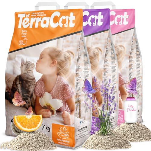 TerraCat Katzenstreu 27L-3er Pack Cat Litter 100% Bentonit Katzenstreu Klumpstreu Hohe Saugfähigkeit Klumpstreu für Katzen Staubfrei Katzenstreu Klumpend Babypuder-Orange-Lavendel Duft 21Kg