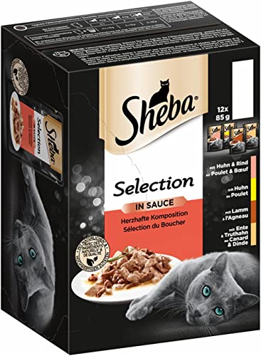 Sheba Selection in Sauce Herzhafte Komposition aus Rind Lamm Huhn und Truthahn 12 Beutel 1 02 kg