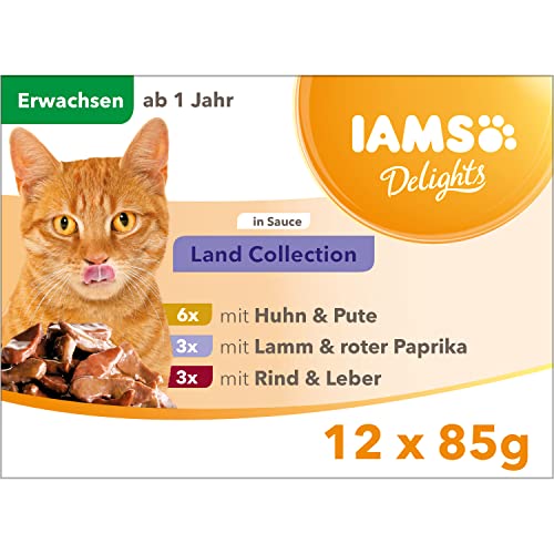 Iams Delights Land Collection Katzenfutter Nass   Multipack mit Fleisch Sorten Lamm Rind Huhn Pute in Sauce Nassfutter ab 1 Jahr 12x 85g