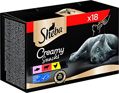 Sheba Katzensnacks Creamy Snacks 18 praktische Katzenleckerli Sticks 18x12g 1 Packung in den VarietÃ¤ten Huhn Lachs MSC zertifiziert und Rind zum aus der Hand schlecken