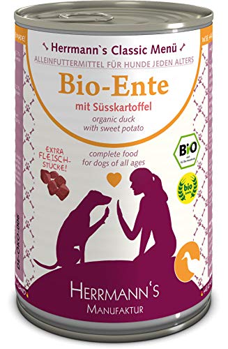 Herrmanns Bio Hundefutter Ente Menu 1 mit Süßkartoffel Kürbis Nachtkerzenoel 400 g 12er Pack 12 x 400 g