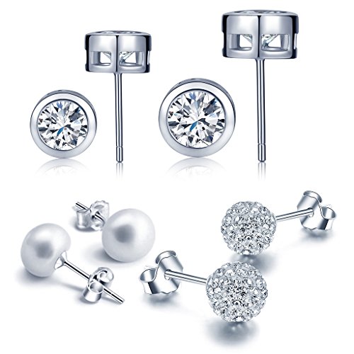 Yumilok 4 Paar Damen Ohrringe aus 925 Sterling Silber Zirkonia Perlen Ohrstecker Kristall Kugel Huggie Creolen Hypoallergen Ohrringe Set Earrings Knorpel Ohrschmuck für Frauen Mädchen