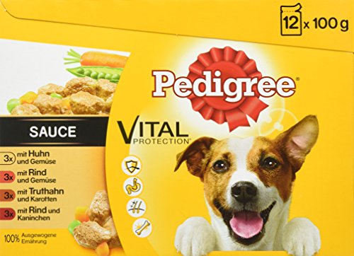 Pedigree Vital Protection Hundefutter Multipack mit 4 Sorten Fleisch in Sauce 48 x 100g
