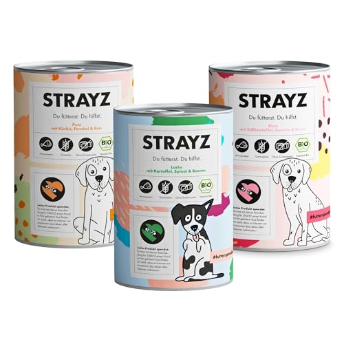 STRAYZ - Bio Nassfutter für Hunde - Probierpaket Rind Pute Lachs Getreidefreies Hundefutter - 100% Bio ohne Zucker ohne Bindemittel - 3x400g