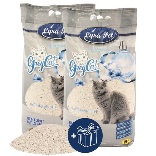 Lyra Pet 30 Liter Grey Cat Katzenstreu Geschenk Mit Aktivkohle Mit Babypuder Duft Feines Klumpstreu 350% Saugkraft Naturprodukt aus Bentonit Neutralisiert Gerüche Staubarm