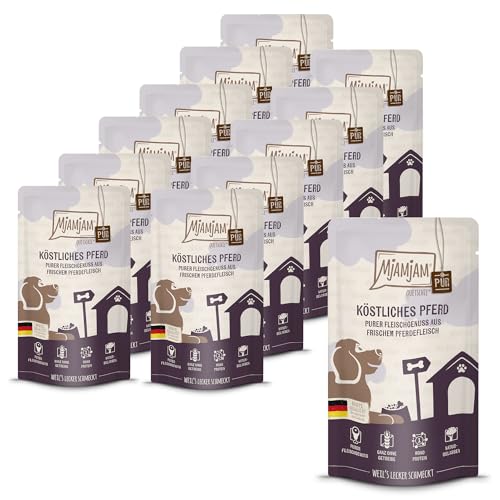 MjAMjAM - Premium Nassfutter für Hunde - Quetschie - purer Fleischgenuss - köstliches Pferd pur 12er Pack 12 x 125g getreidefrei mit extra viel Fleisch