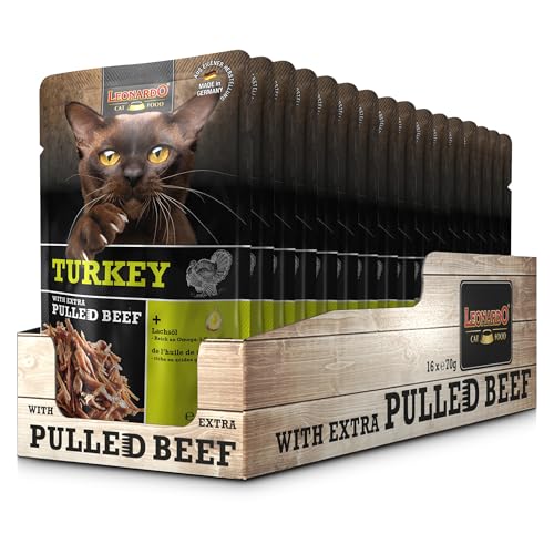 Leonardo Frischebeutel 16x70g Turkey mit Fleischstreifen Pulled Beef Getreidefreies Nassfutter für Katzen Alleinfuttermittel Katzenfutter