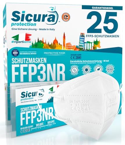 25x FFP3 Maske CE Zertifiziert Filterklasse BFE 99% PFE 99% FFP2 Masken SANITIZIERTE Einzeln versiegelte Atemschutzmaske CE Hergestellt verpackt in Italien