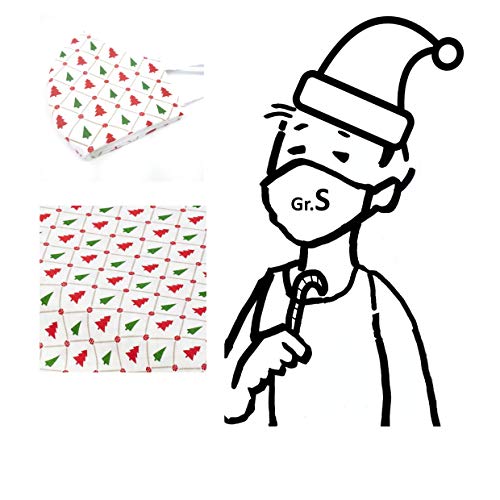 1 Mund- Nasenmaske Weihnachten - Kind Gr. S - Weiß Tannenbäume Rot-Grün - 100% Baumwolle 2-lagig Waschbar Handgenäht - Alltagsmaske Behelfs-mundschutz Gesichts-maske