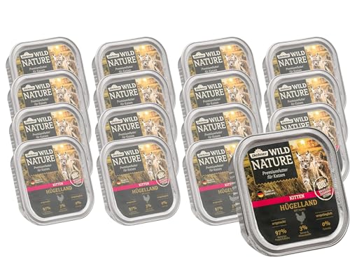 Dehner Wild Nature Katzenfutter Kitten Hügelland Nassfutter getreidefrei zuckerfrei für junge Katzen Huhn 16 x 100 g Schale 1.6 kg