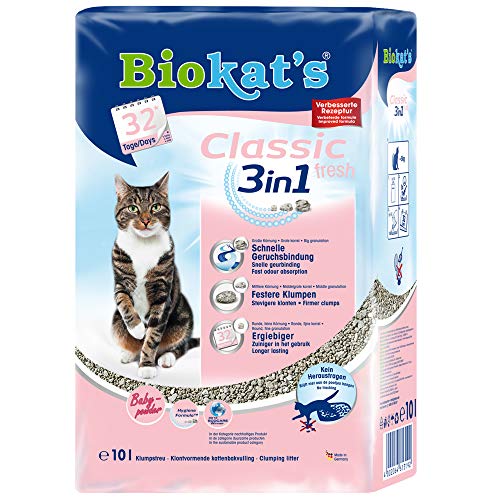 Biokat s Classic fresh 3in1 mit Babypuder-Duft - Klumpende Katzenstreu mit 3 unterschiedlichen Korngrößen - 1 PE-Sack 1 x 10 L