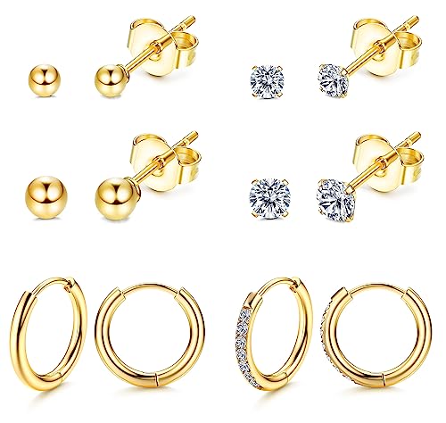 Morfetto G23 Titan Ohrringe Set für mehrere Piercing Hypoallergene Kleine Creolen 2mm 3mm CZ Kugelohrstecker und Creolen Set für Damen Gold