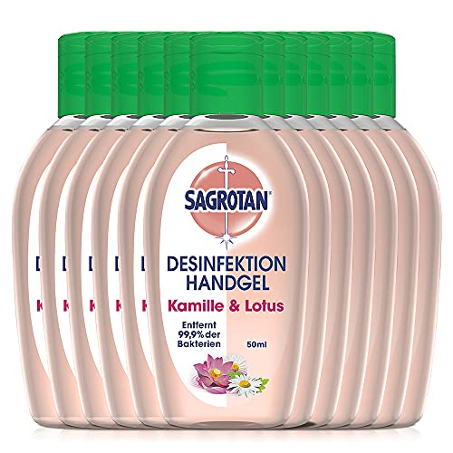 Sagrotan Hand-Desinfektionsgel Kamille Lotus Desinfektionsmittel für die Hände in handlicher Reisegröße 12 x 50 ml antibakterielles Gel