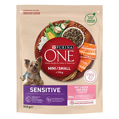 PURINA ONE Mini Small Delicate Hundefutter trocken für kleine Hunde reich an Lachs Reis 8er Pack 8 x 800g