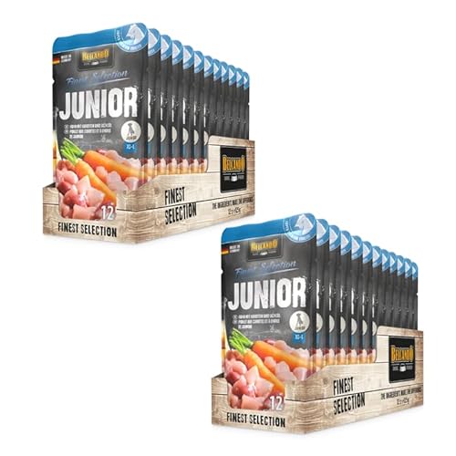 Belcando Finest Selection Junior Huhn mit Karotte Doppelpack 2 x 12 x 125 g Feuchtnahrung für Hunde Für Sensible oder wählerische Junge Hunde Kalt gresstes Lachsöl