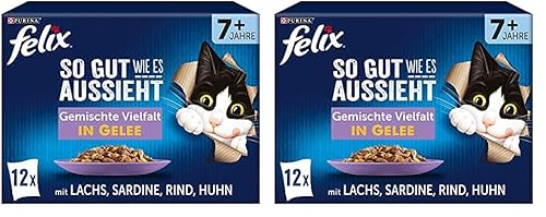 FELIX So gut wie es aussieht Senior Katzenfutter nass in Gelee Sorten-Mix 12er Pack 6 x 12 Beutel 85g Rind Lachs Huhn Sardine