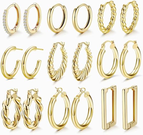 JeweBella 9 Paar Ohrringe Gold 14K Vergoldet Ohrringe Damen Hypoallergen Chunky Ohrringe Creolen Gold für Damen Mädchen Zirkonia Twist Herz Ohrstecker Gold Kleine Ohrringe Set für Mehrere Ohrlöcher