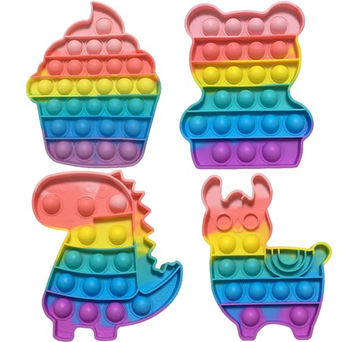 Yeefunjoy 4 Packs Pop Bubble Fidget Toy Set Relief Angst Autismus Antistress Spielzeug Regenbogen Dinosaurier Alpaka Bär Eiscreme Kindergeburtstag Gastgeschenke für Kinder und Erwachsene