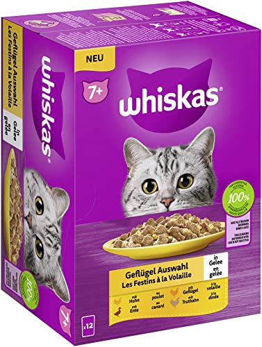 Whiskas 7 Katzenfutter Geflügel Auswahl in Gelee 12x85g 1 Packung Hochwertiges Nassfutter ab dem 7. Lebensjahr in 12 Portionsbeuteln