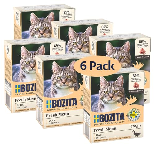 Bozita Nassfutter-Häppchen für Katzen in Sauce mit Ente - 6er Pack 370g vorzügliches Katzenfutter ohne Getreide und Zucker - Katzenfutter mit 7 5% Protein 5% Fettgehalt ohne Gentechnik