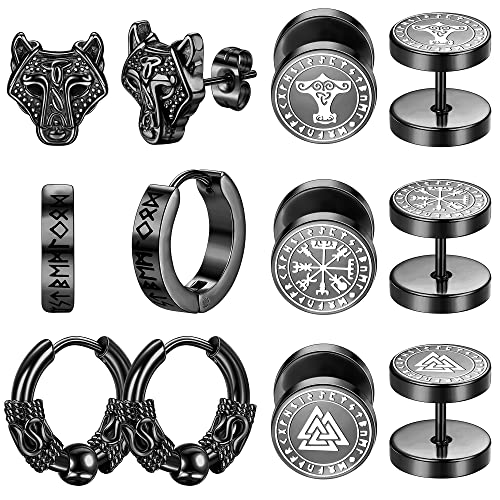 Dochais 6 Paar Set Damen Ohrringe Männer Ohrstecker Ohrringe Wikinger Viking Rune Wolfskopf Kompass 10-12mm Edelstahl Ohrringe Tunnel Plug Ohrringe Creolen Ohrstecker für Damen Herren Schwarz