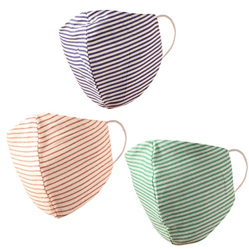 Gestreifte Baumwolle Gesichtsmasken Wiederverwendbare Waschbar Handcrafted Double-Layer-Gewebe Snug Komfortables Design mit elastischen earloops für FrauenMänner. Packung mit 3 Grün Weiß Braun Blau