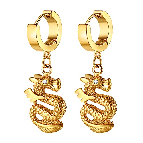 Cupimatch Hängende Ohrringe Creolen mit Anhänger Ohrringe Edelstahl Damen Herren Drache Ohrhänger Ohrstecker Set für Männer Frauen Gold