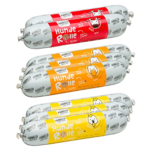 PURBELLO Hunde-Rolle Nassfutter Mix-Paket II - 3 x Huhn 3 x Ente 2 x Rind - Monoprotein Hundefutter mit hohem Fleischanteil - Hundewurst schnittfest und getreidefrei 8 x 400g