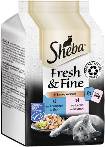 SHEBA Portionsbeutel Multipack Fresh Fine in Sauce mit Thunfisch und mit Lachs MSC 6x50g