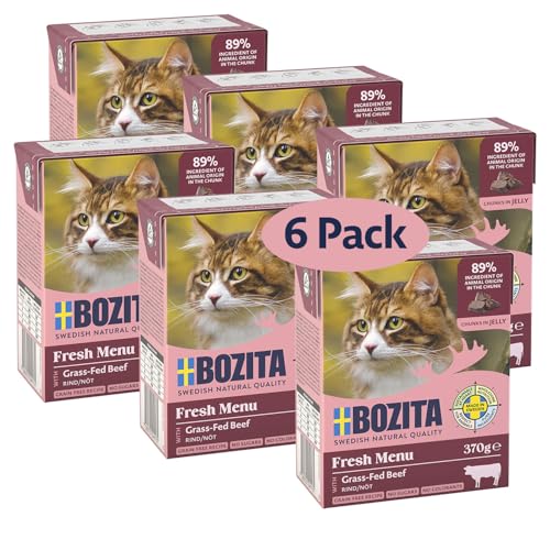 Bozita Nassfutter Häppchen für in Gelee Rinderhack   6er Pack 370g schmackhaftes Katzenfutter ohne Getreide und Zucker   Für Adult 7 5% Protein 5% Fettgehalt ohne Gentechnik