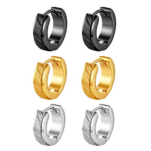 JewelryWe Schmuck 3 Paar Creolen Ohrringe Edelstahl Sandgestrahlt Streifen Huggie Hoop Klappcreolen Ohrschmuck Ohrstecker für Herren Damen Schwarz Gold Silber