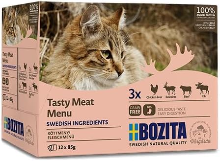 Bozita Fleischmenü Multibox 12 x 85 g Getreidefreies Nassfutter für Katzen Häppchen in Gelee Mit den Sorten Elch Hühnchenleber Rentier und Rind