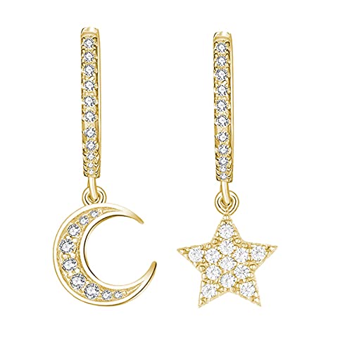 925 Sterling Silber Creolen mit Anhänger Ohrringe für Damen Mädchen und Frauen Kreolen hängend klein mit Mond und Stern Gold - mit Strass