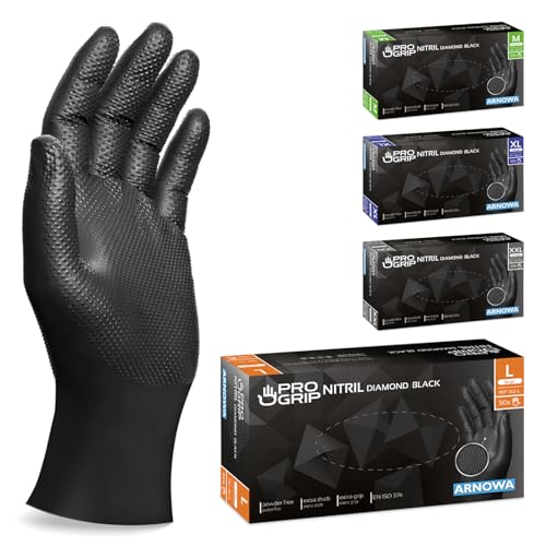 PROGRIP Einweghandschuhe Diamant Grip Schwarz Einmalhandschuhe Extra Stark Nitrilhandschuhe Gr. L 2x dicker Arbeitshandschuhe für Werkstatt Montage 50 Stk Box