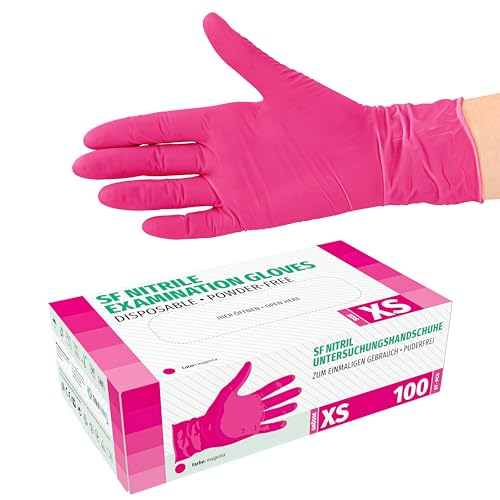 SF Nitril Einweghandschuhe XS Magenta 100 Stück Box Nitrilhandschuhe dehnbare Einmalhandschuhe aus Nitril puderfrei latexfrei Rissfest Gummihandschuhe