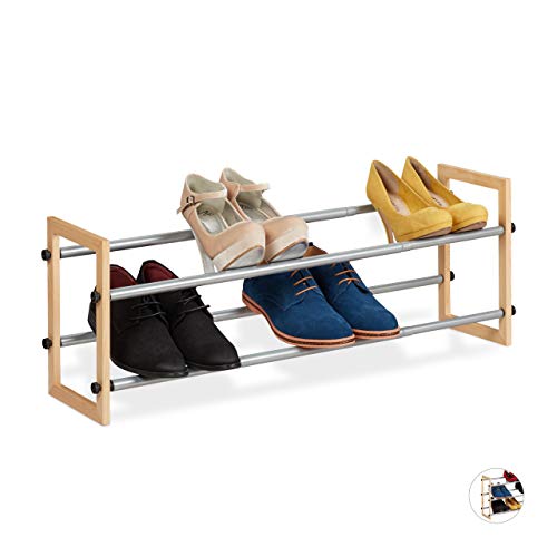 Relaxdays Schuhregal ausziehbar offener Schuhständer mit 2 Ebenen Holz Eisen erweiterbar bis 118 cm Breite Natur